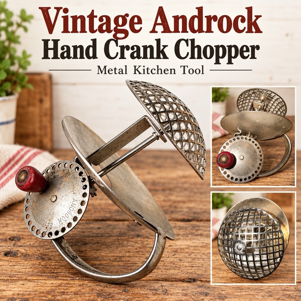 Vintage Androck Hand Crank Food Chopper Sifter Red Knob Metal Kitchen Tool USA